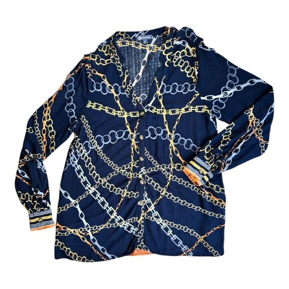 Democracy Navy Chain Print Button Down Shirt Sz M - Picture 2 of 9